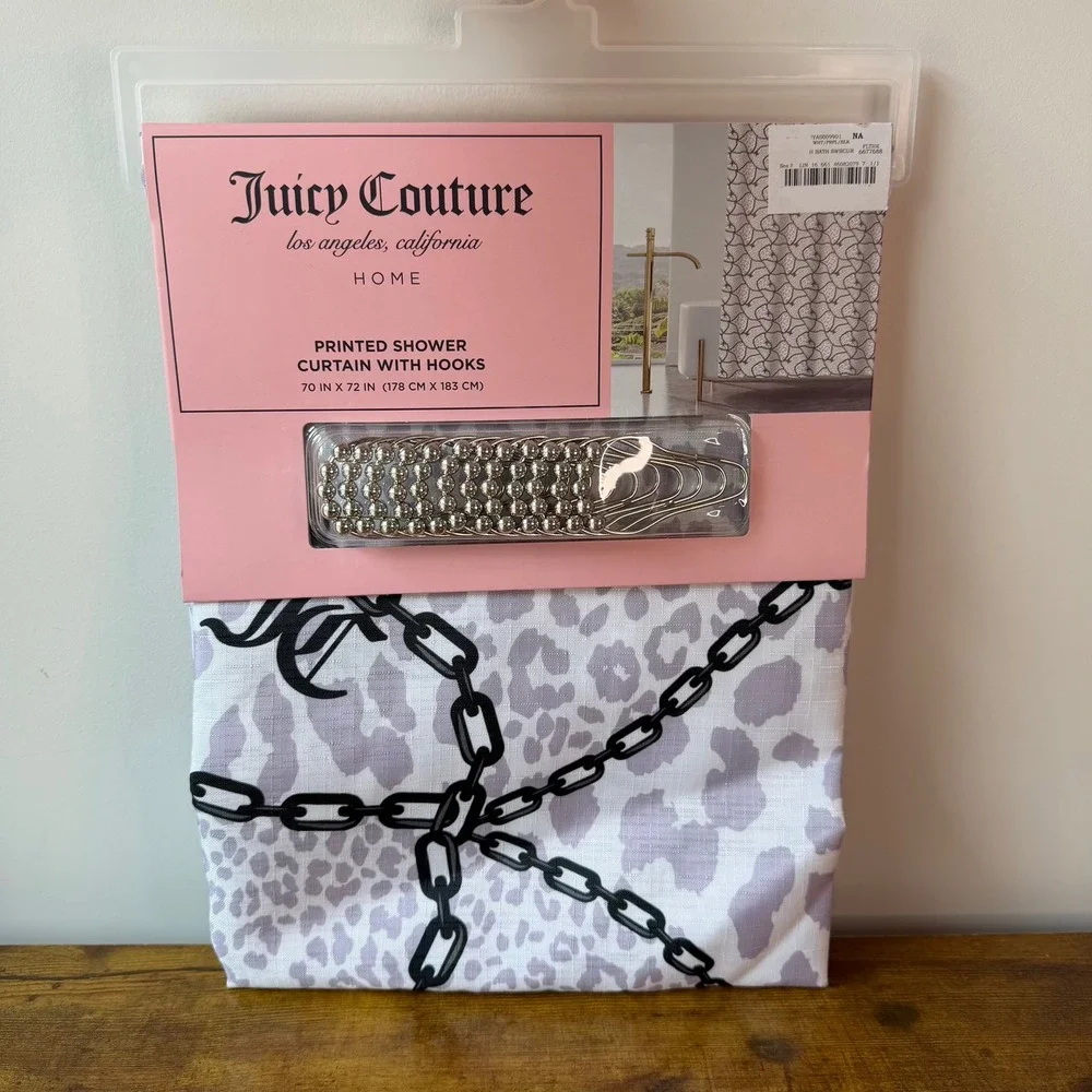 New Juicy Couture 70x72 Fabric Shower Curtain Hooks Set Purple Leopard Black